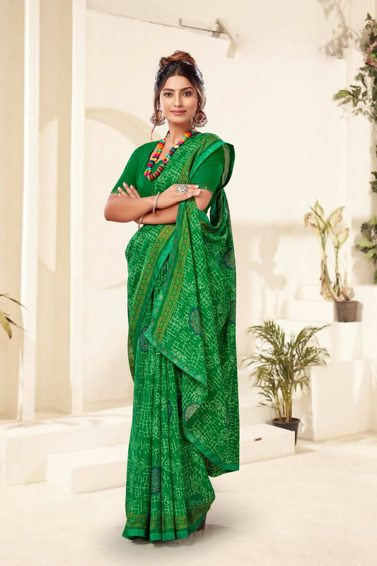 Green Georgette Texture Printed Saree with Unstitched Blouse Piece - Akansha