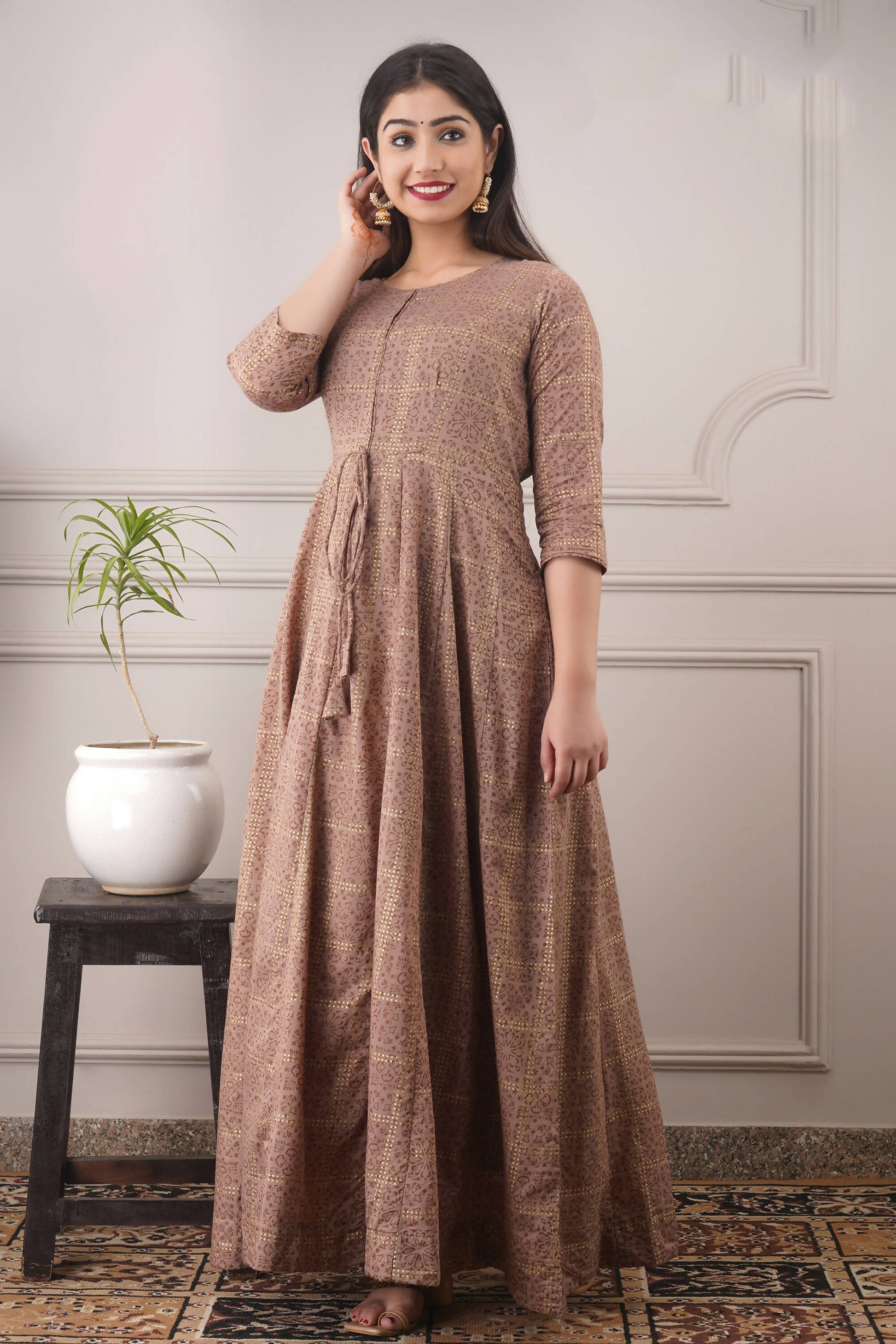 Partywear Designer Hand Screen and Foil Print Lightbrown Pure chanderi Gown - Anbazaar