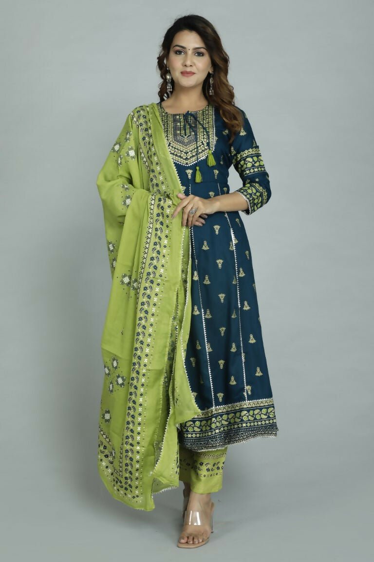 Alvano Women's Stylish Anarkali Kurti with Pant and Dupatta for Women and Girls (Teal)