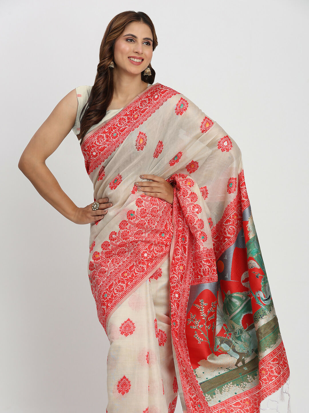 Shree Shyam Fashion Linen Cotton Cream & Red Saree