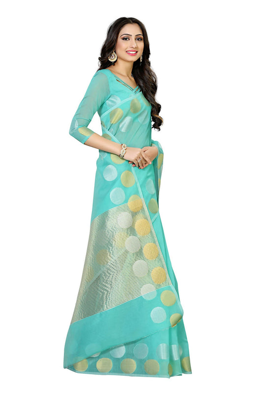 Mimosa Women's Turquoise Blue Kanchipuram Cotton Saree