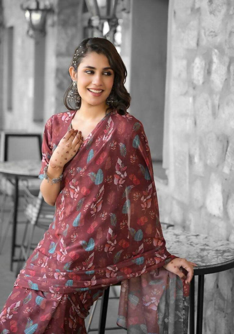 stylish Casual Brown Imported georgette Ready to Wear Fancy Saree - Ashwini