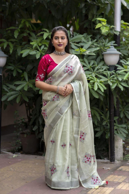 Green Pure Linen Ethnic Motifs Saree with Unstitched Blouse - A2M
