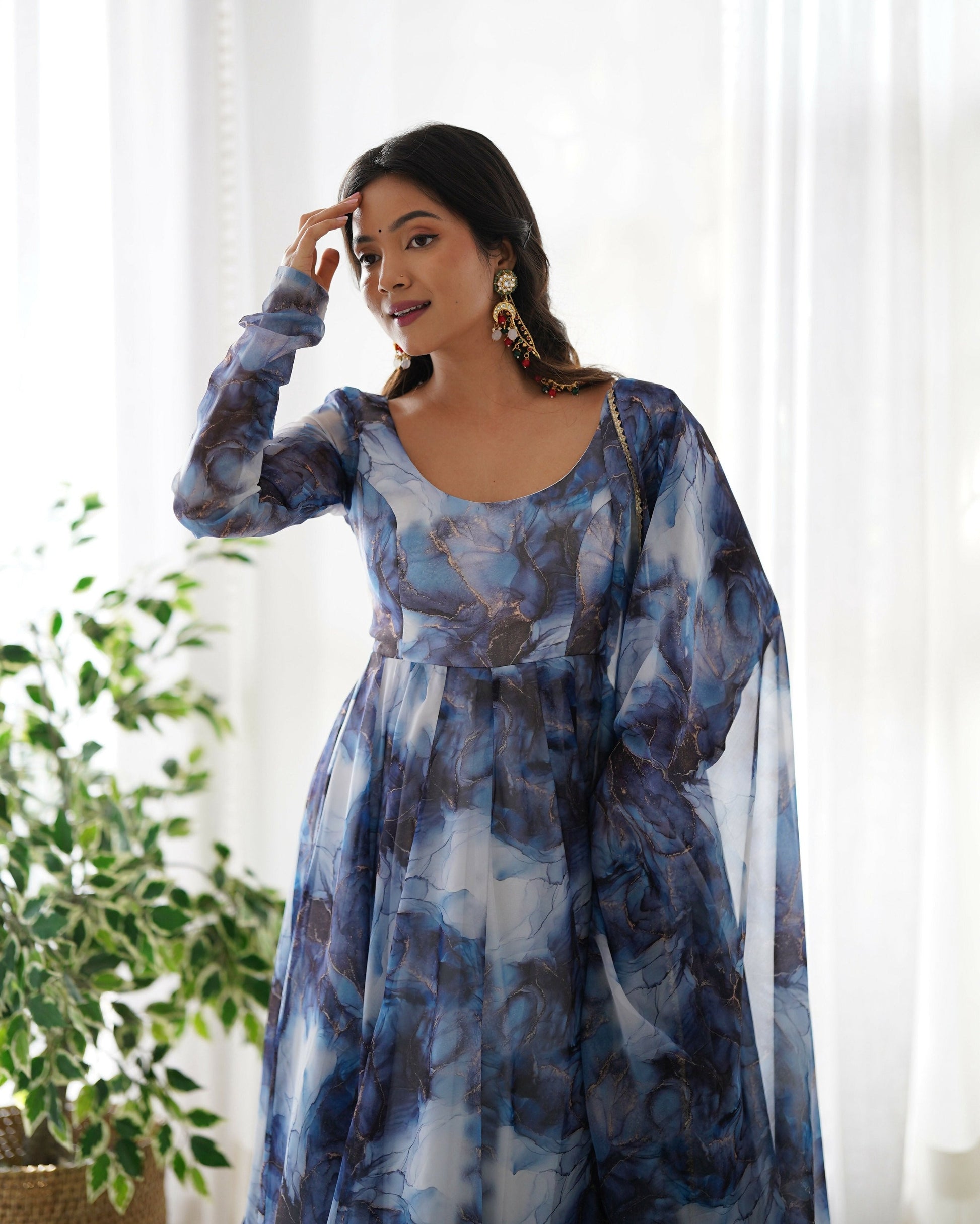Joban Fashion Navy Blue Kurta Set Organza Sequin Embroidery Work 