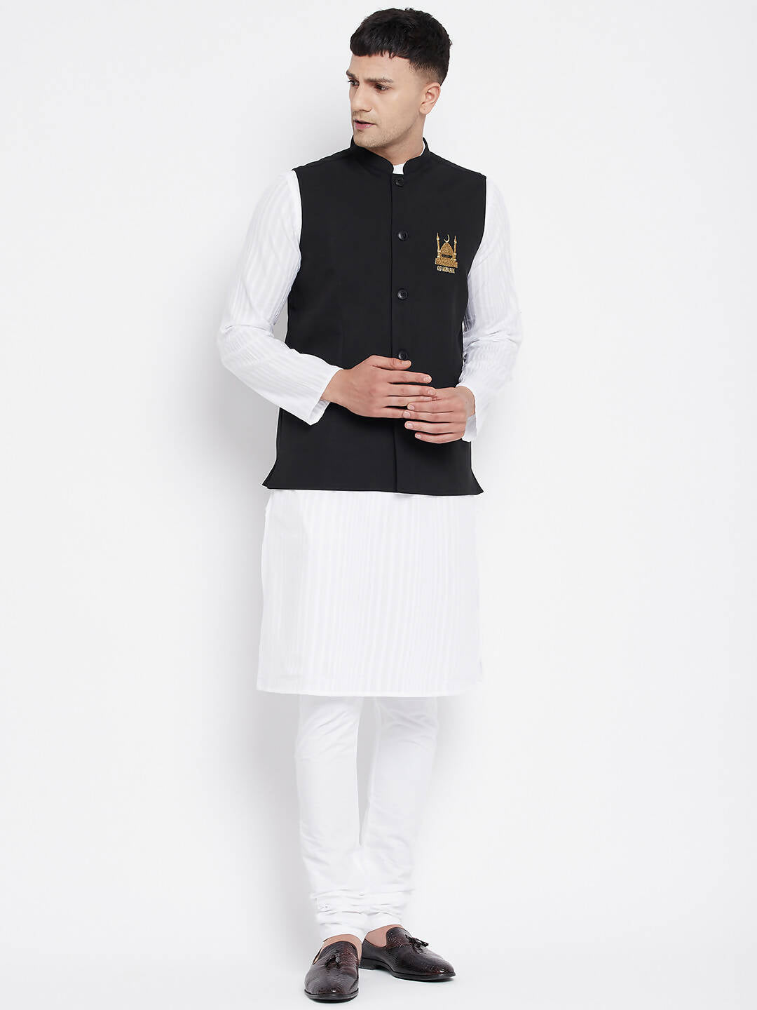 Even Apparels Black Pure Cotton Nehru Jacket With Eid Insignia NJ-PW668-EID