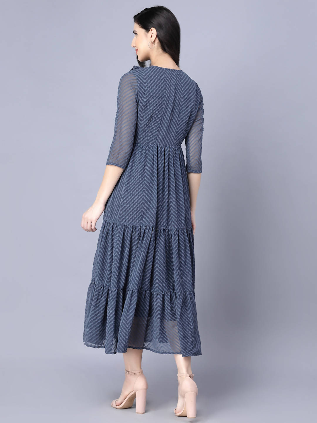 Myshka Georgette Solid 3/4 Sleeve Round Dark Grey Women Dress