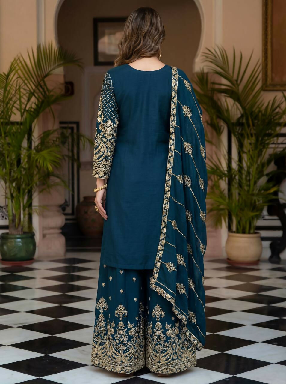 Teeya Creation Teal Chinon Silk Designer Wedding Wear Embroidery Work Palazzo
