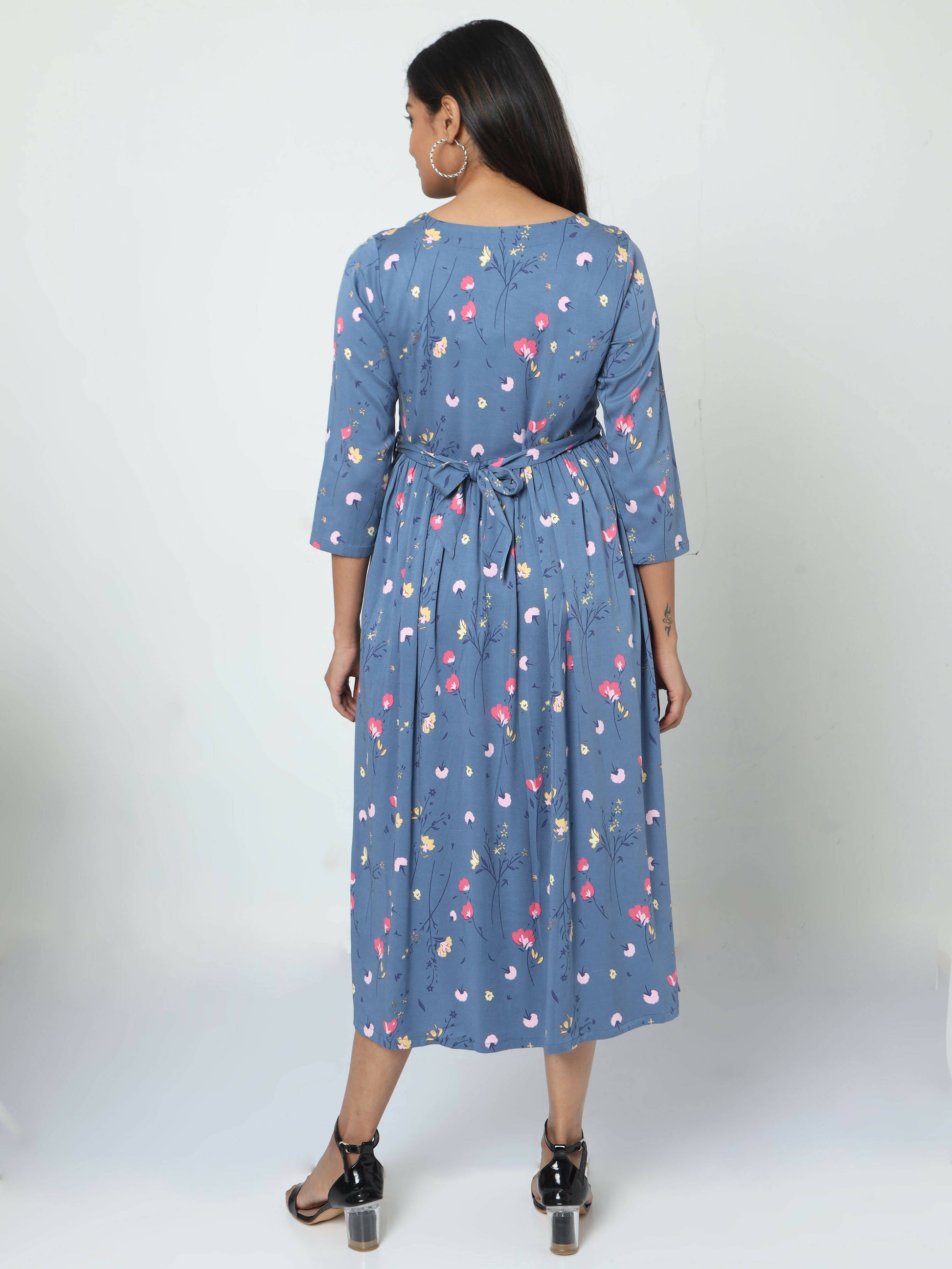 Manet Three Fourth Maternity Dress Floral Print With Concealed Zipper Nursing Access - Dark Grey