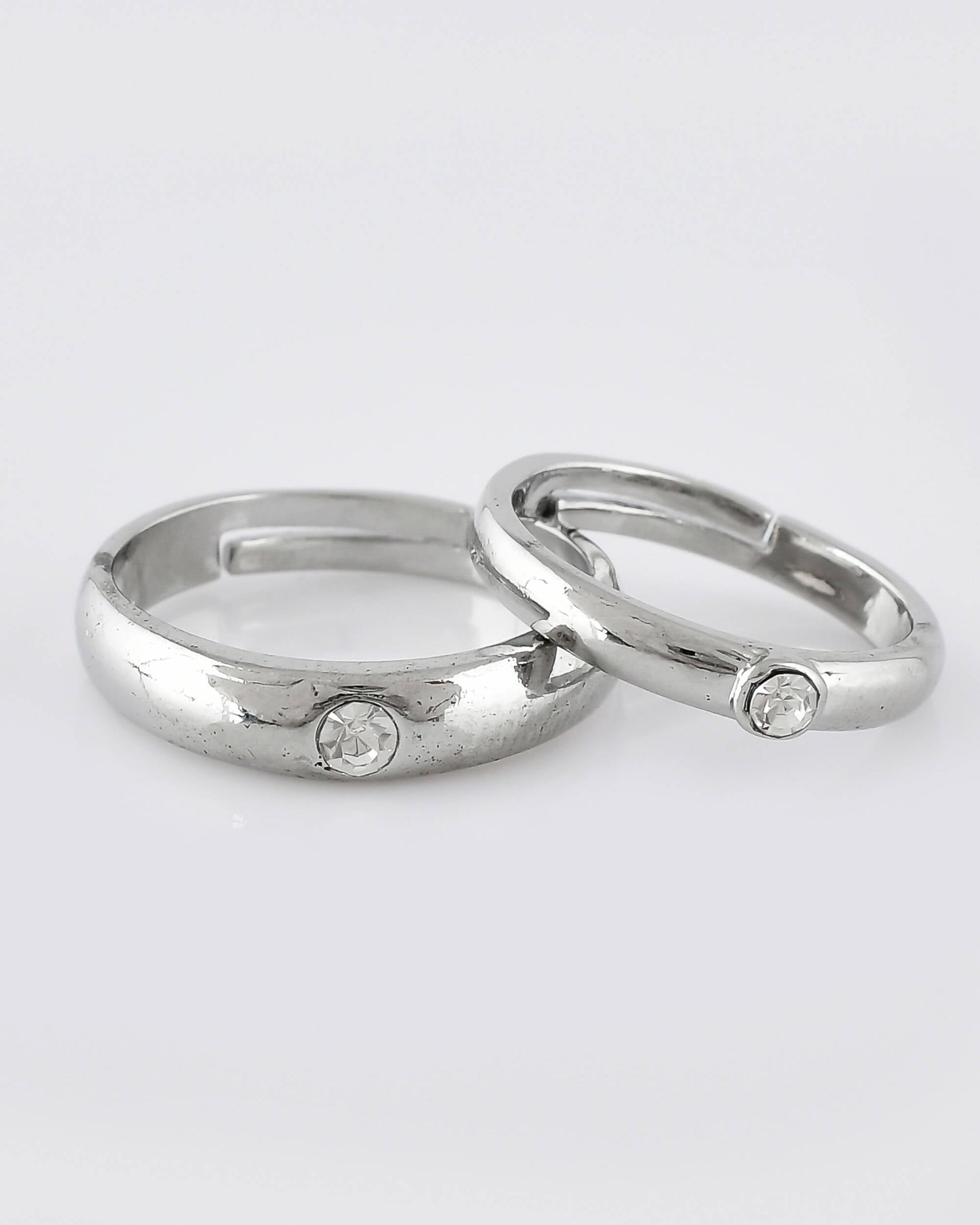 VOJ Stainless Steel Cubic Zirconia Silver Plated Adjustable Ring Set for Couple 