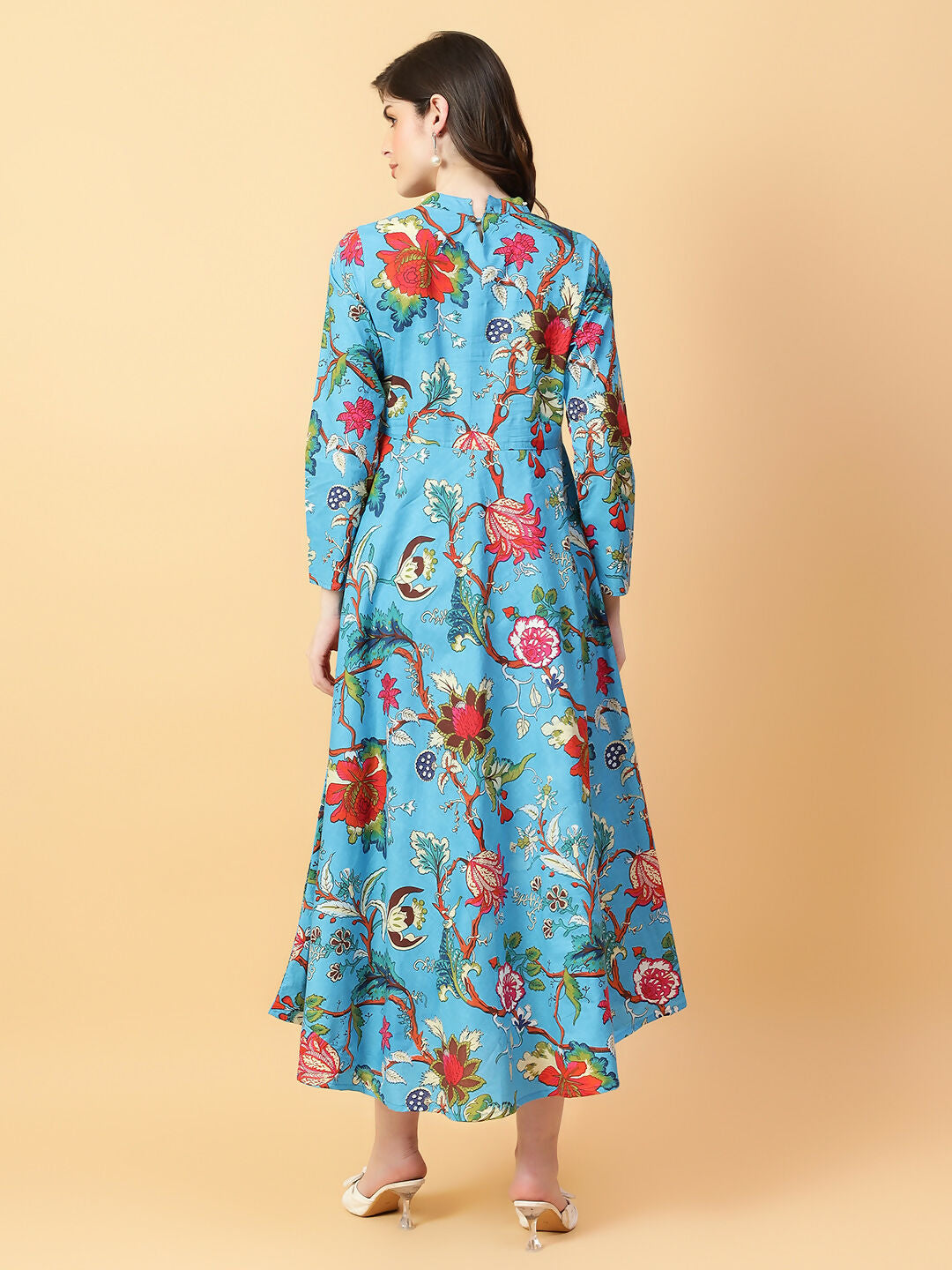 Joban Fashion Turquise Blue Cotton Printed & Hand Work Dress