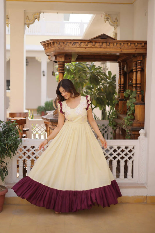 Teeya Creation Womens New Trendy Cotton With Sequins Multithreaded Beads Embroidered Work Gown Set
