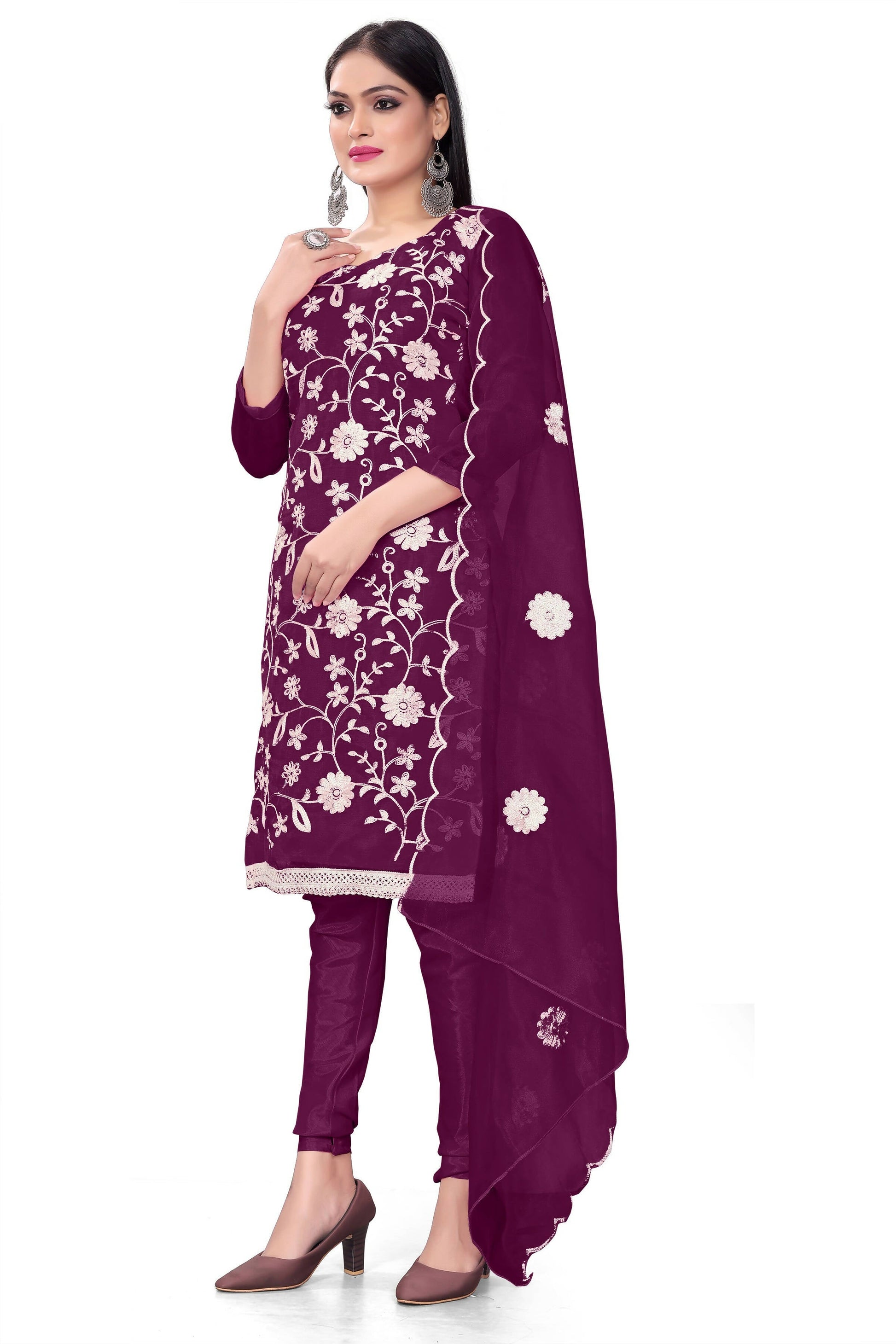 Purple Organza Silk Embroidered Work Unstitched Dress Material - Tanvi