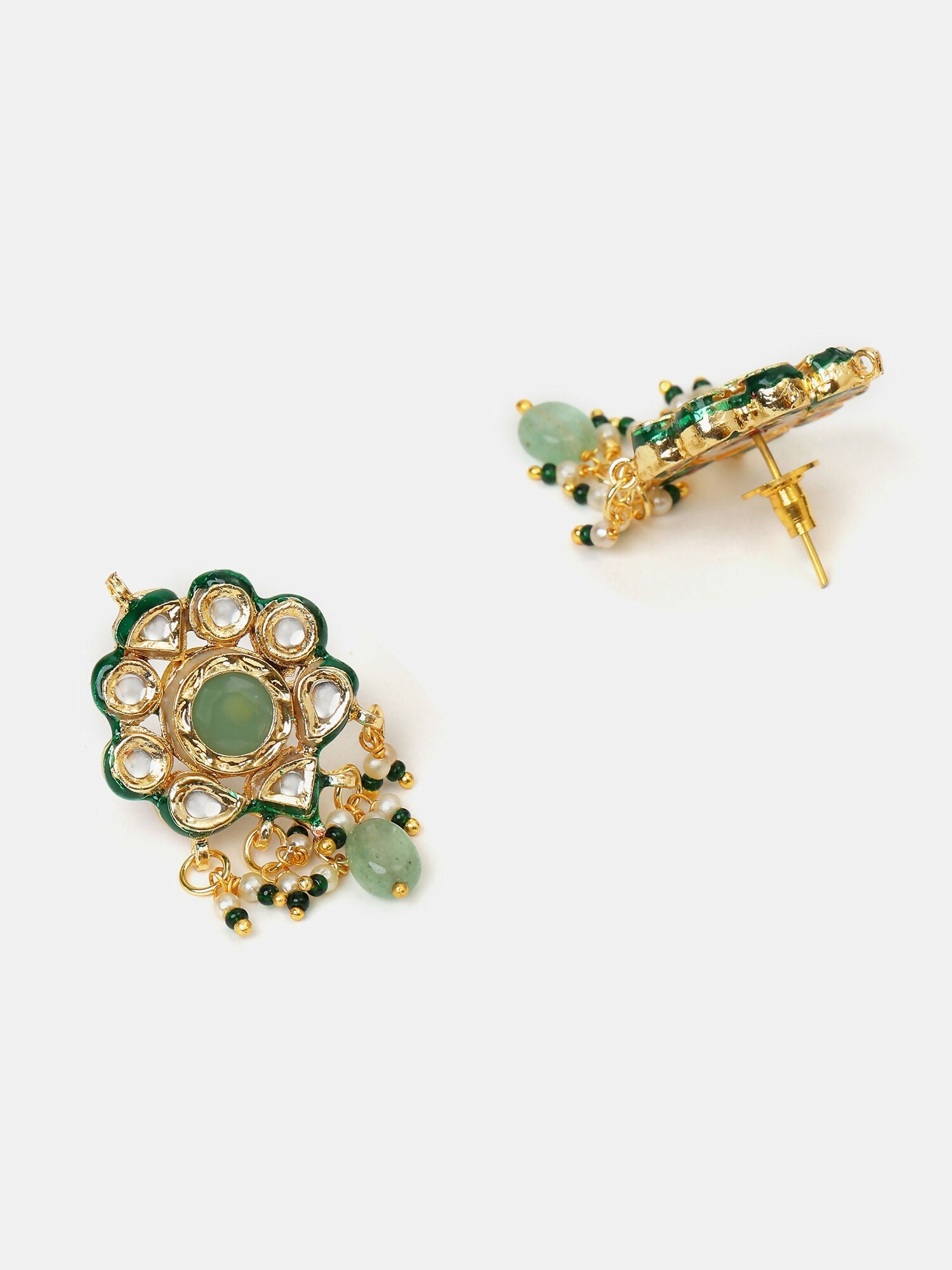 Ruby Raang Green-Gold Kundan Neck Piece With Matching Earrings And Maang Tikka