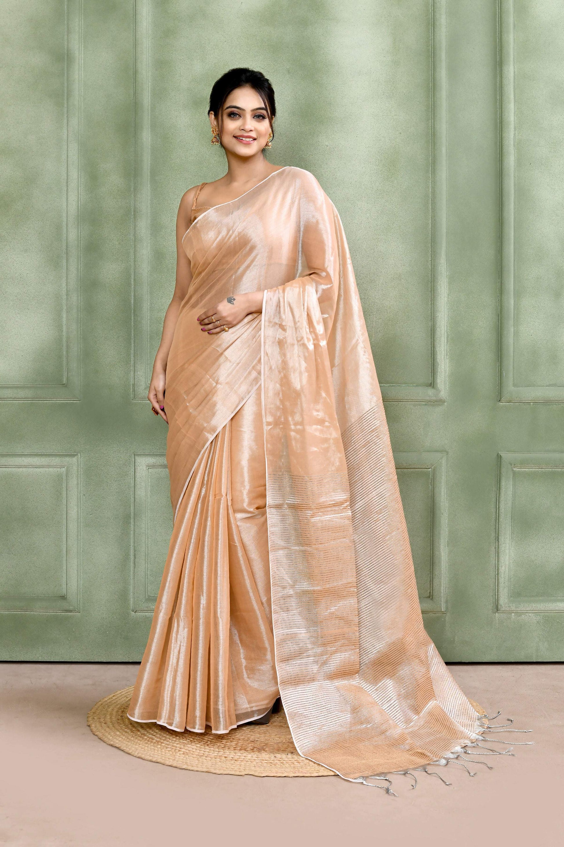 Piyari Fashion Women's Beige Dual Tone Organic Tissue Saree With Blouse Piece