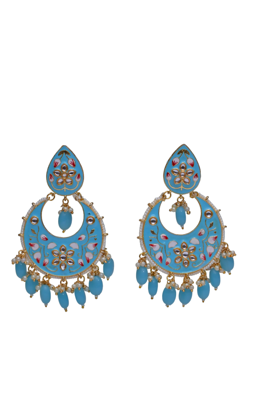 Gold Plated Brass & Pearl Dangle Women Blue Hand Painted Meenakari Chandbali Earrings By House of Ree - Grab2buy