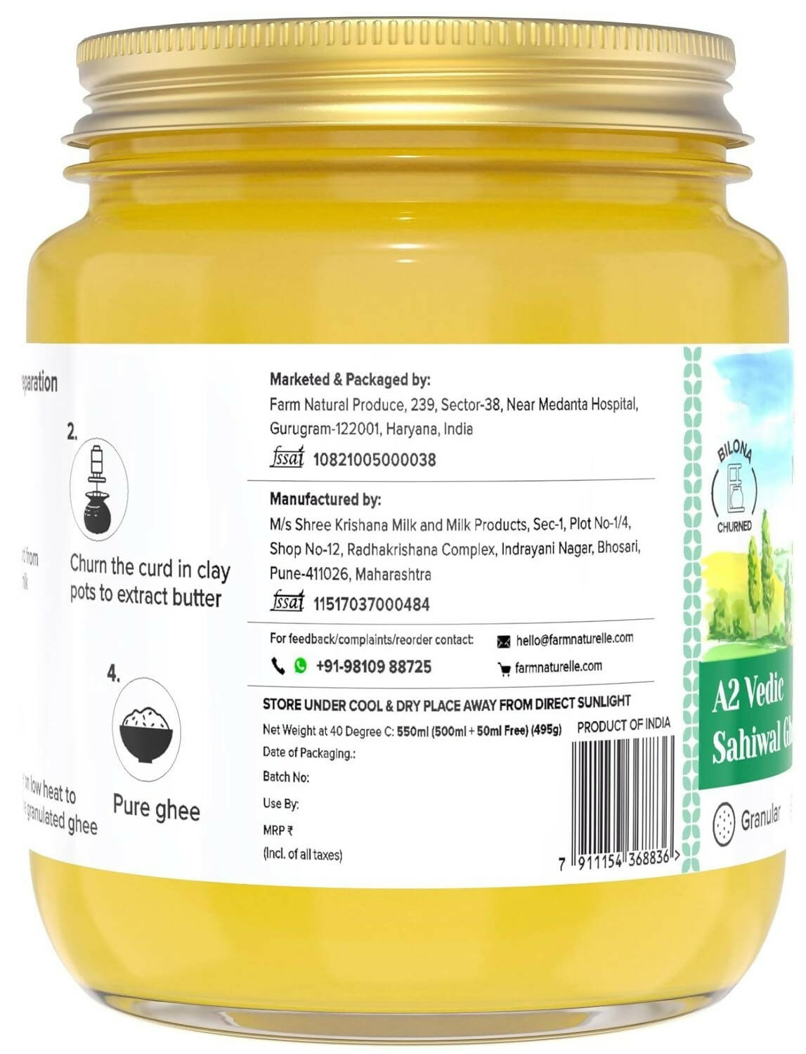 Farm Naturelle A2 Vedic Sahiwal Ghee - Desi Cow Ghee | Natural, Healthy, and Pure | Cultured Cow Ghee 