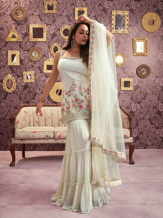 Vastranavya Malaika Arora Cream Georgette Embroidered Sequins Palazzo Suit  Grab2Buy Vastranavya Grab2Buy