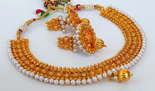 Designer Metallic Necklace Set With White Beads - Grab2buy