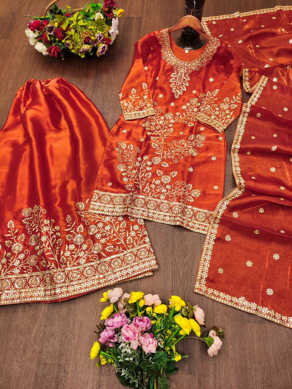 Teeya Creation New Trendy Stylish Rust Orange Embroidered Silk Sharara Suit Set With Dupatta