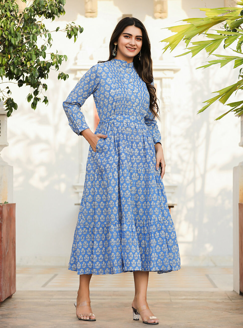 Kaajh Women's Blue Floral Handblock Print Cotton Dress