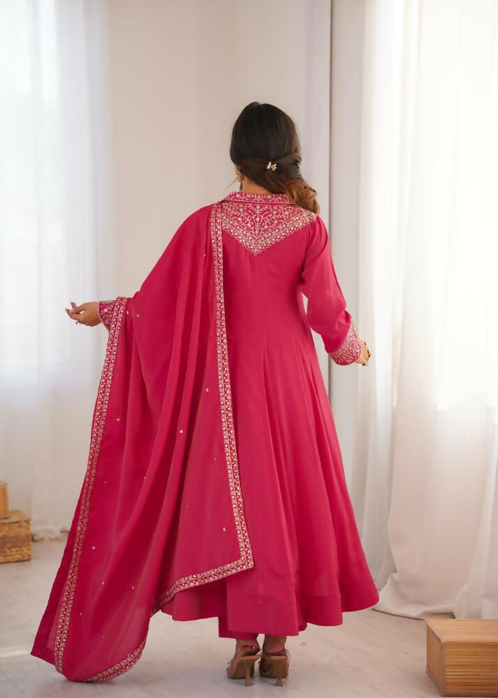 Lehenga Mart Designer Anarkali Suit With Kurta, Pant, Dupatta For Women-Rani Pink