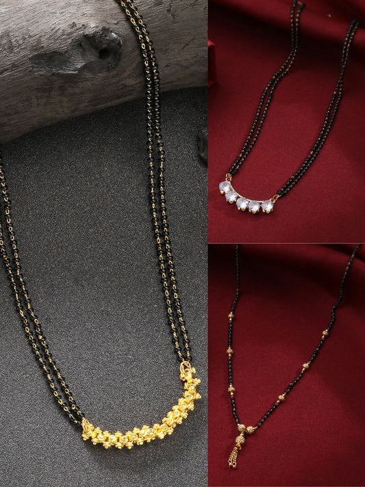 NVR Women's Set of 3 Gold-Polished CZ Stone-Studded & Beaded Mangalsutra 