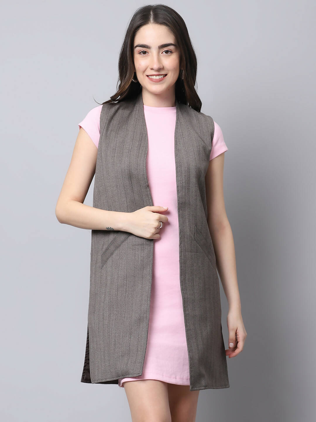 Even Apparels Brown Polywool Open Front Women's Long Coat BF656