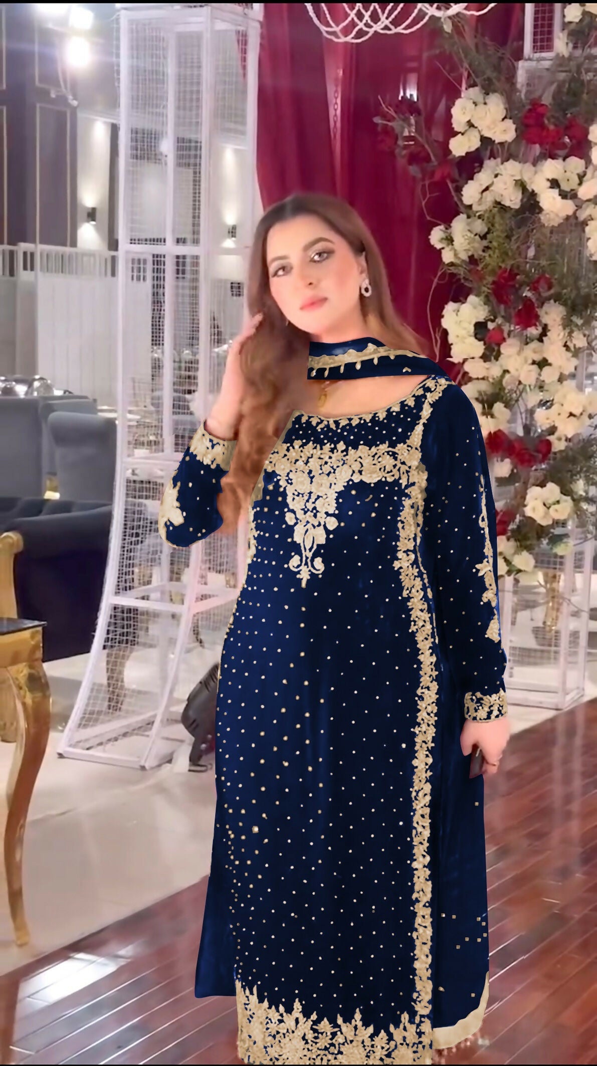 Joban Fashion Blue Velvet Sequence Embroidery Work Kurta Set