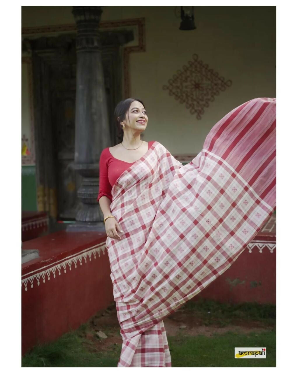 Exclusive Collection Beautiful Check Red Pure Cotton Woven Handloom Grab2Buy With Running Blouse Piece 