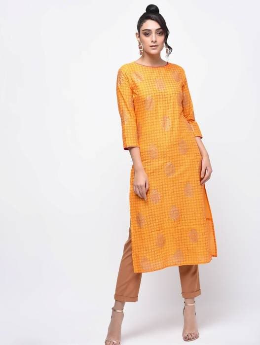 Aniyah Cotton Block Printed Yellow Straight Kurta (AN-137K) 