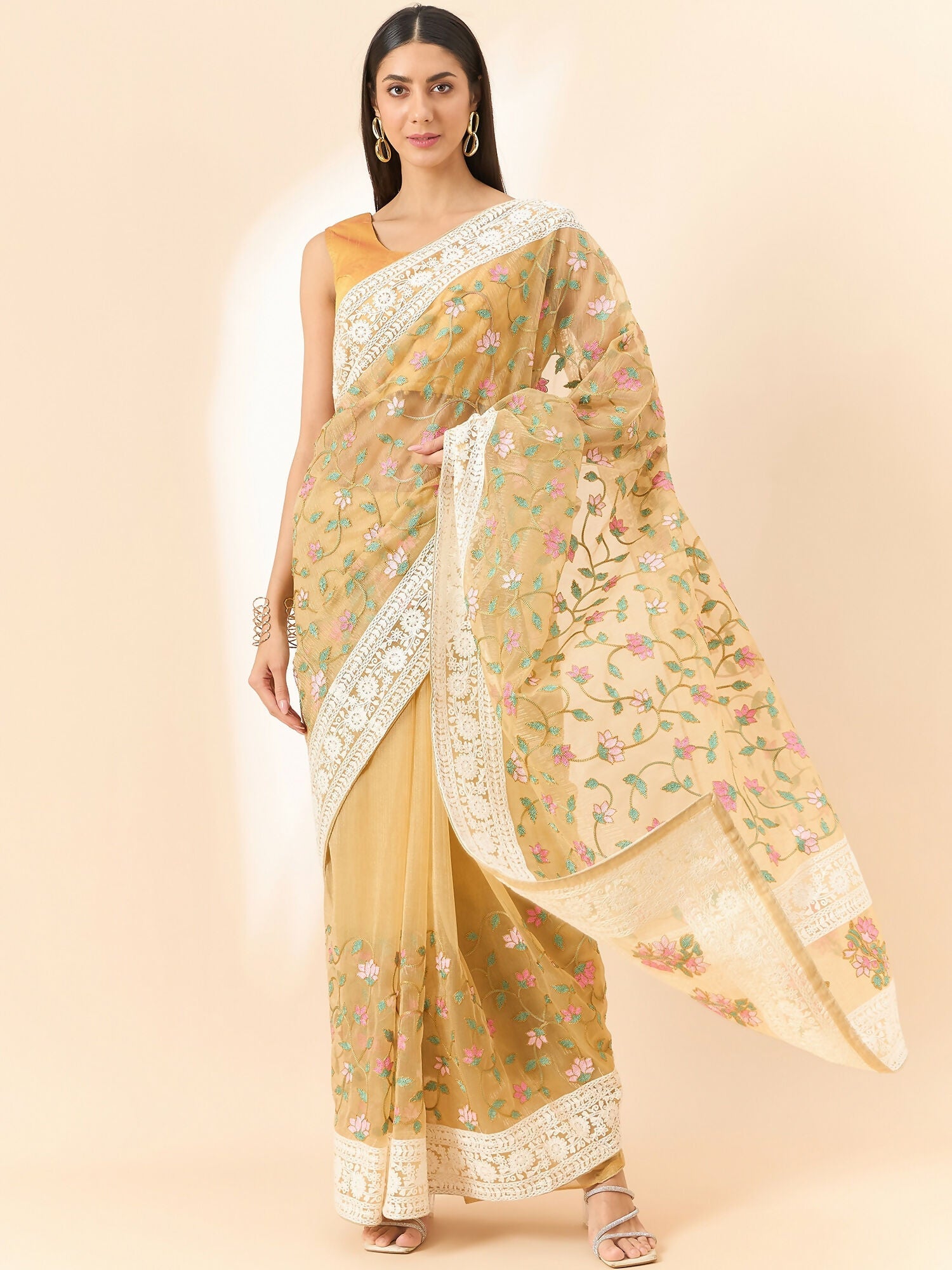 Beige Organza Floral Embroidered Saree with Unstitched Blouse Piece - Roozal