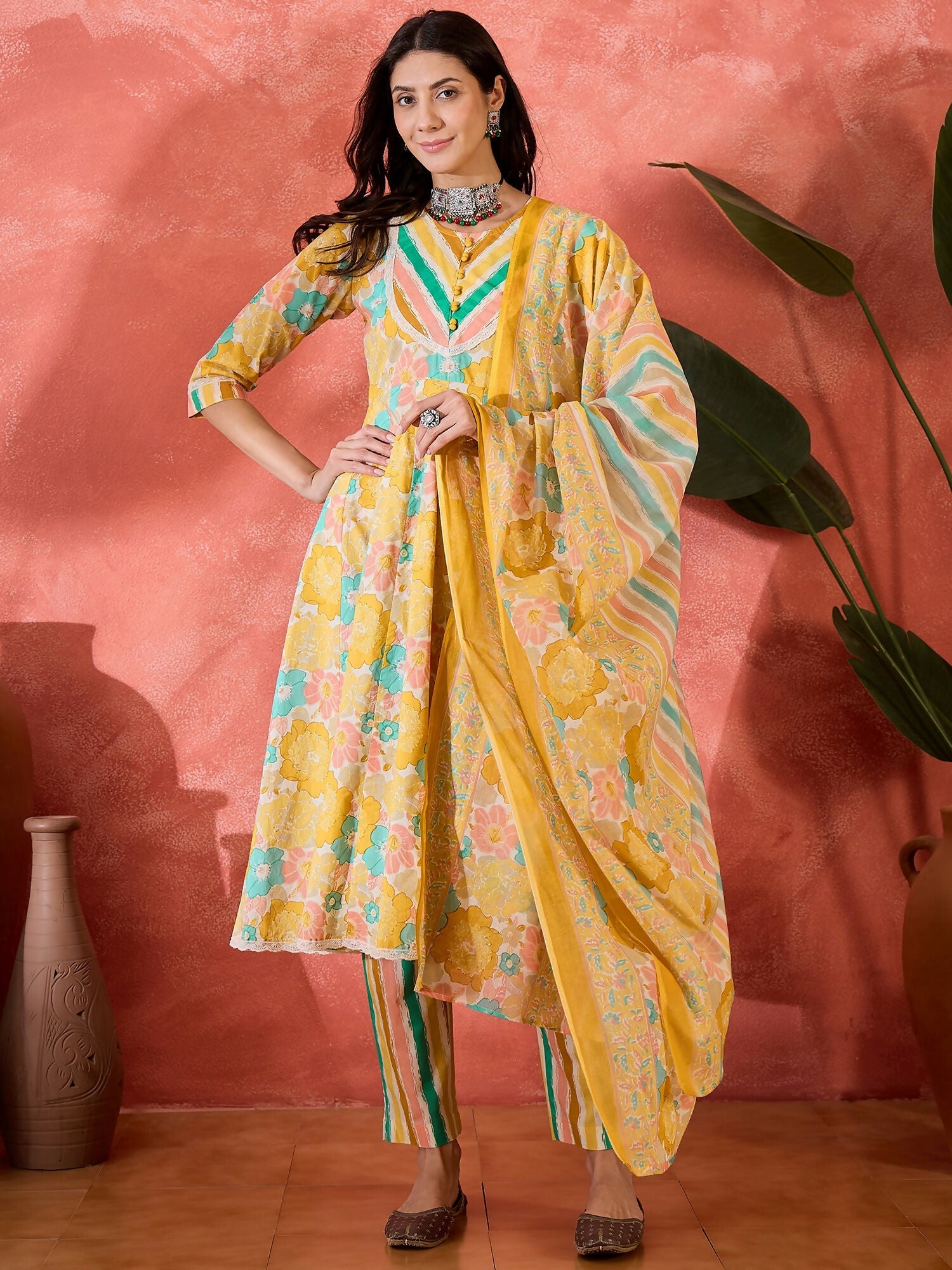 Joban Fashion Printed Mustard Pure Cotton Kurta Set