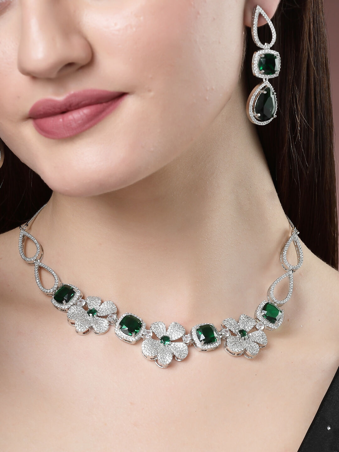 NVR Women's Green & Silver-Plated American Diamond Handcrafted Jewellery Set - Grab2buy