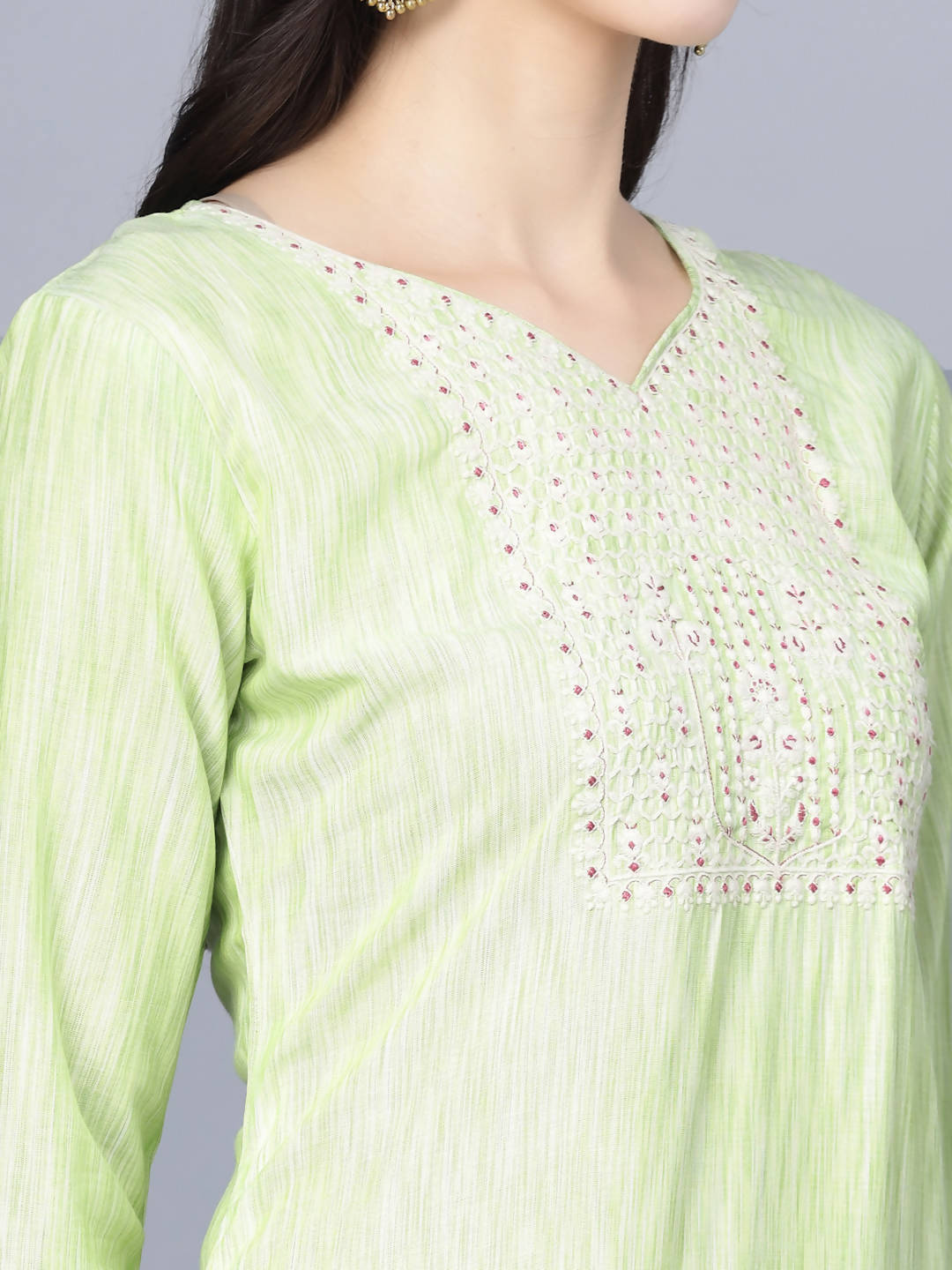 Myshka Women Lime Green Floral Printed Panelled Pure Cotton Kurti with Trousers With Dupatta
