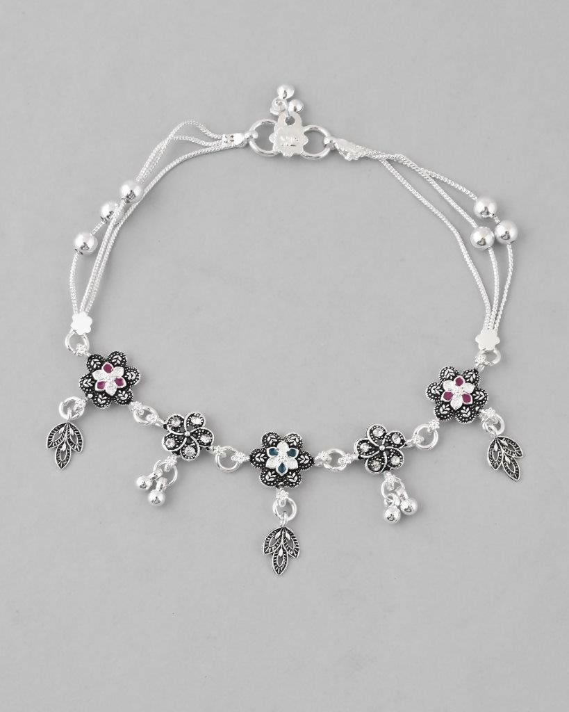 VOJ Set of 2 Silver Plated Flower Shaped Stone Studded Anklet 