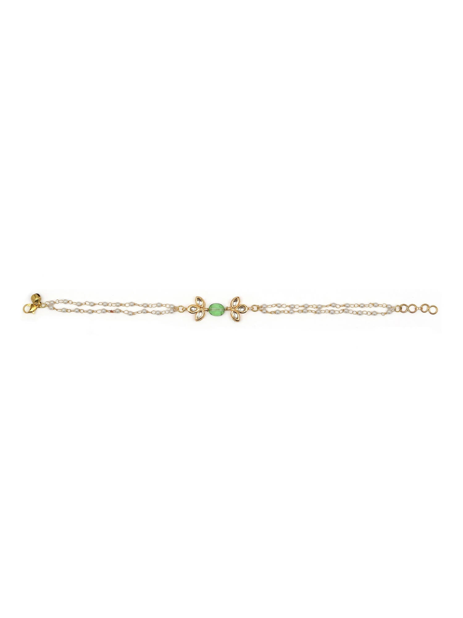 Gold-Polished Green White Kundan Beads Anklet Set Of 2 - Ruby Raang | Swadesiicart