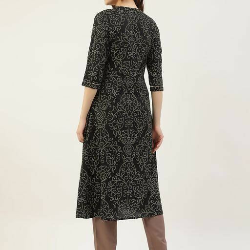 FIORRA Women's Black Printed Flared Cotton Kurta 