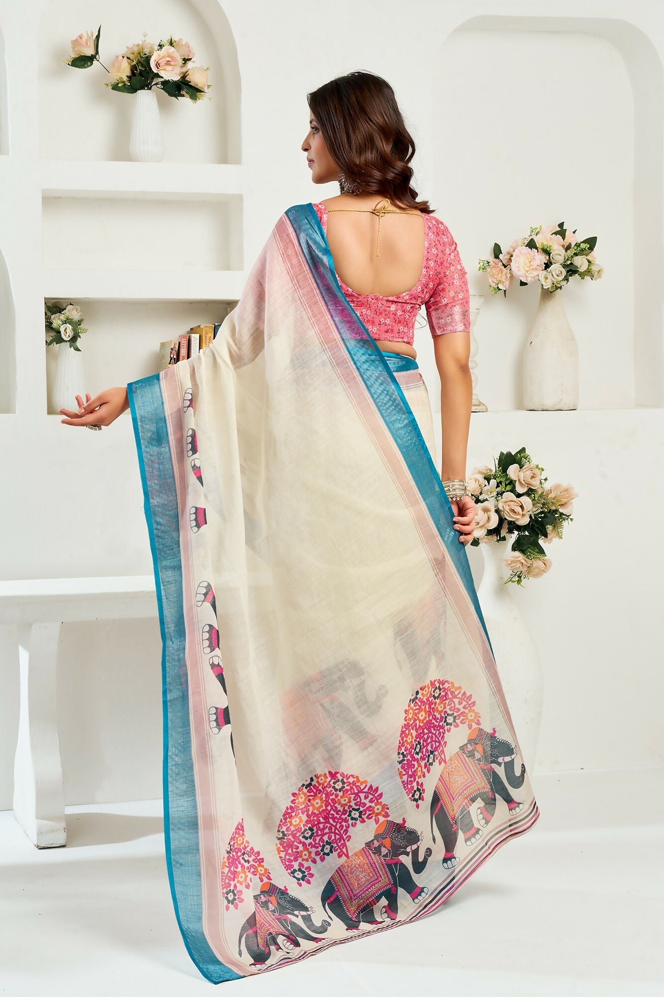 Vastranavya Cream Digital Printed Linen Ready To Wear Designer Grab2Buy with Unstitched Blouse  Grab2Buy Vastranavya Grab2Buy