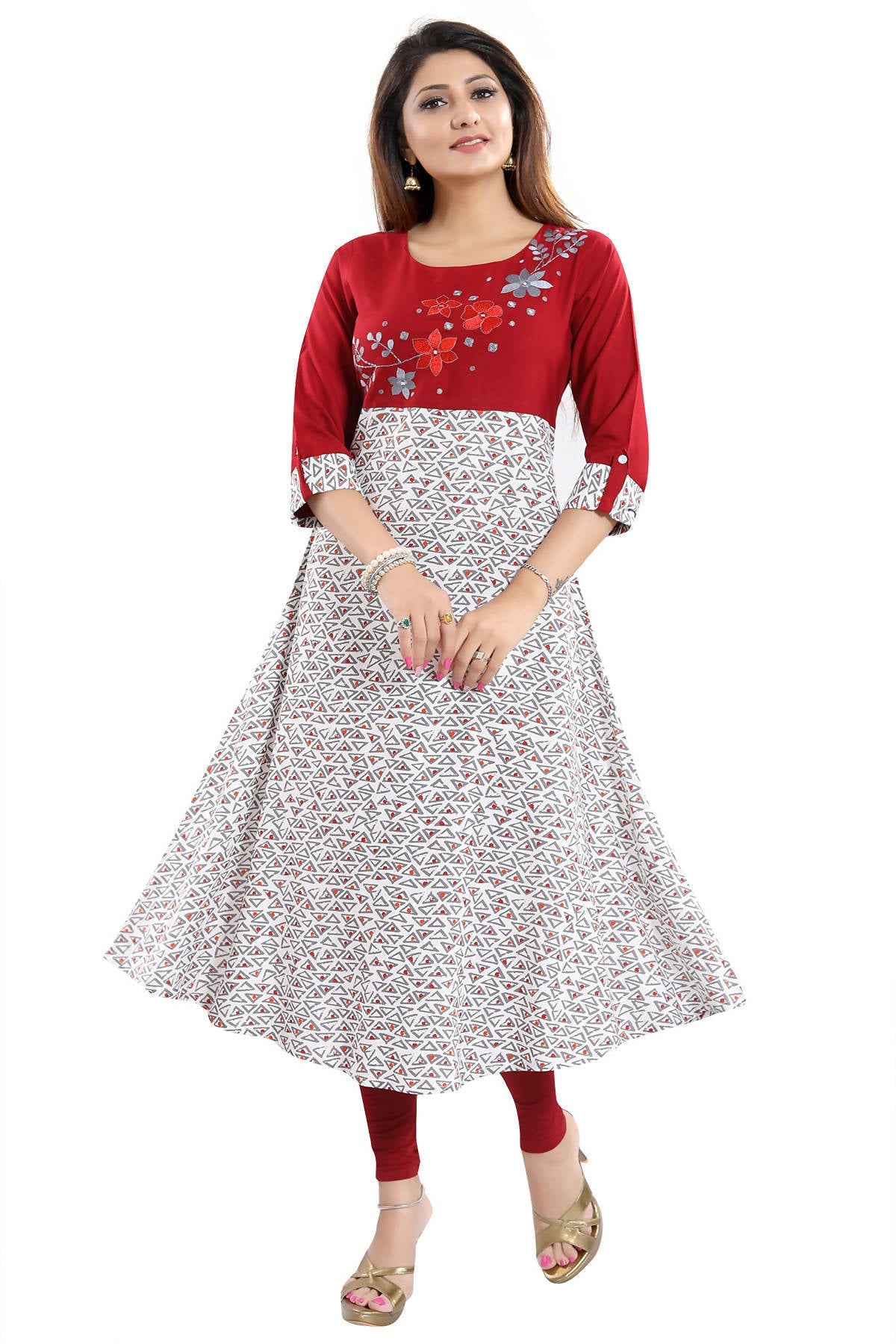 Snehal Creations Magnificent Maroon Rayon Printed Flared Long Tunic