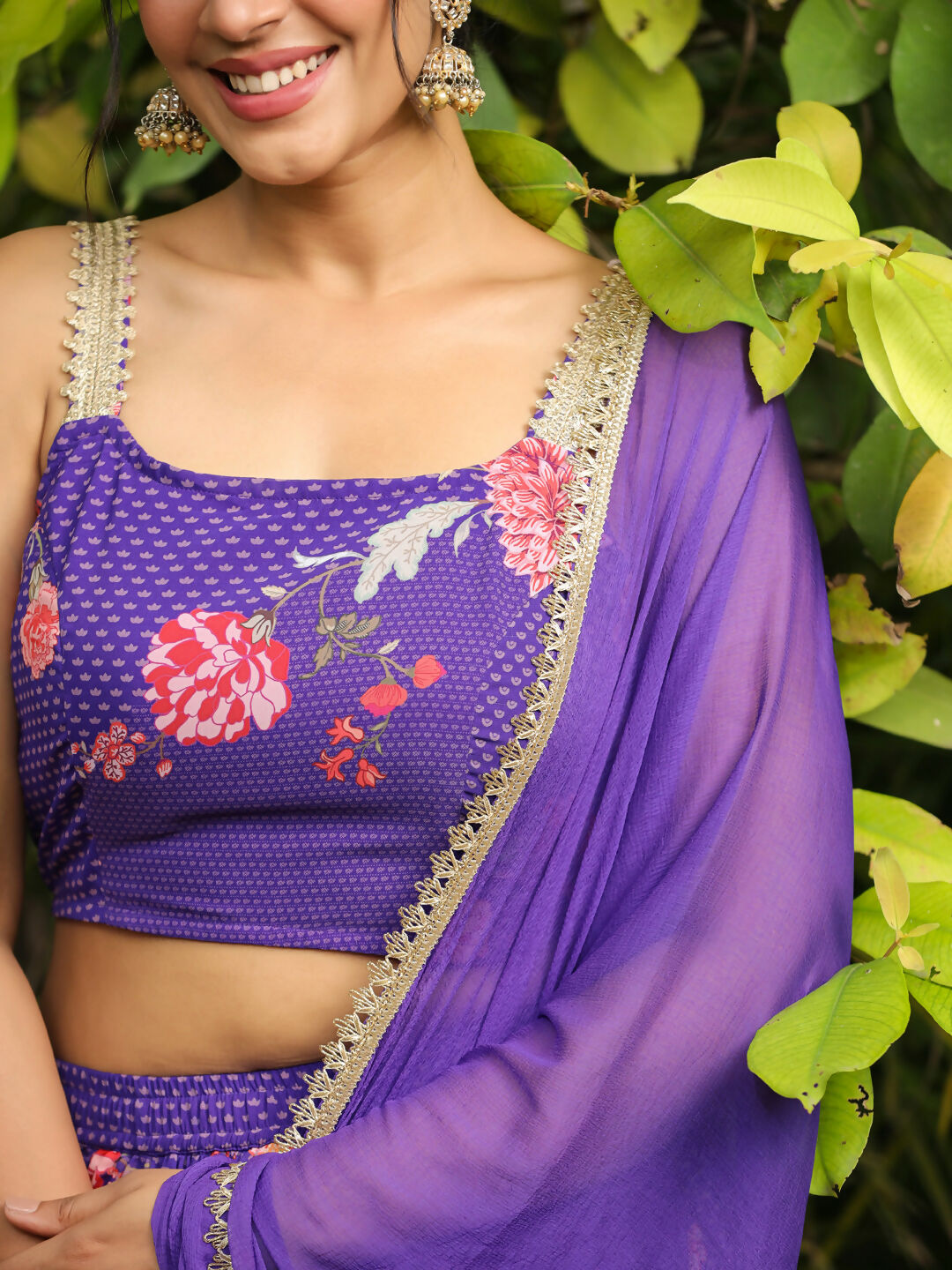 Janasya Purple Georgette Floral Lehenga Choli Dupatta 
