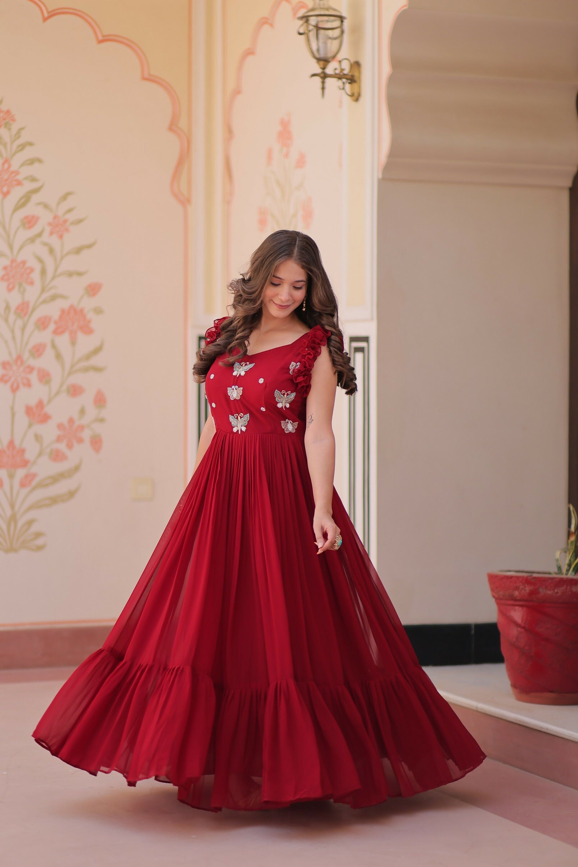 Joban Fashion Maroon Georgette Sequence Embroidery Work Gown