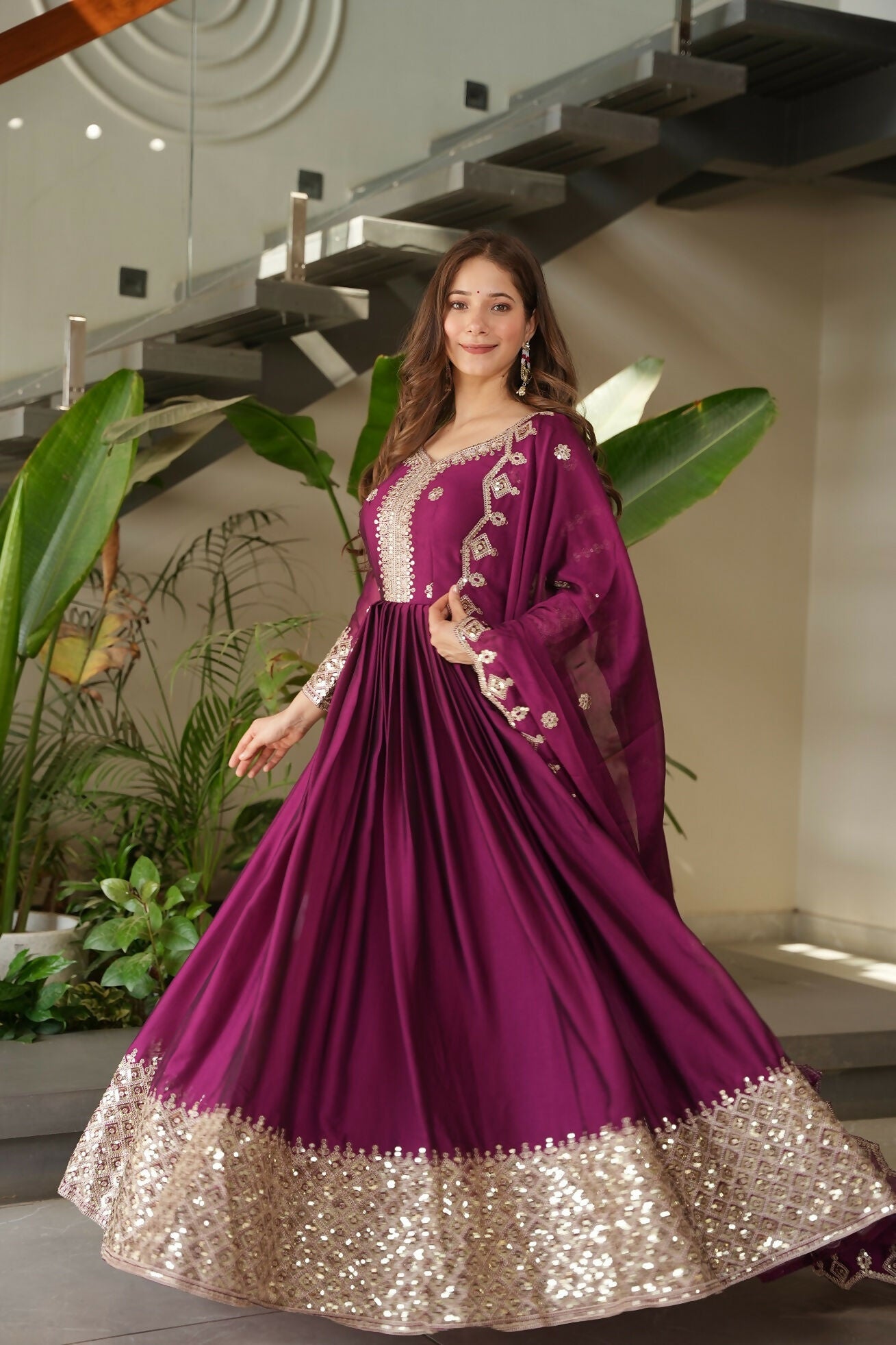 Teeya Creation Rani Color Heavy Crush Silk Wedding Wear Embroidery Work Long Gown