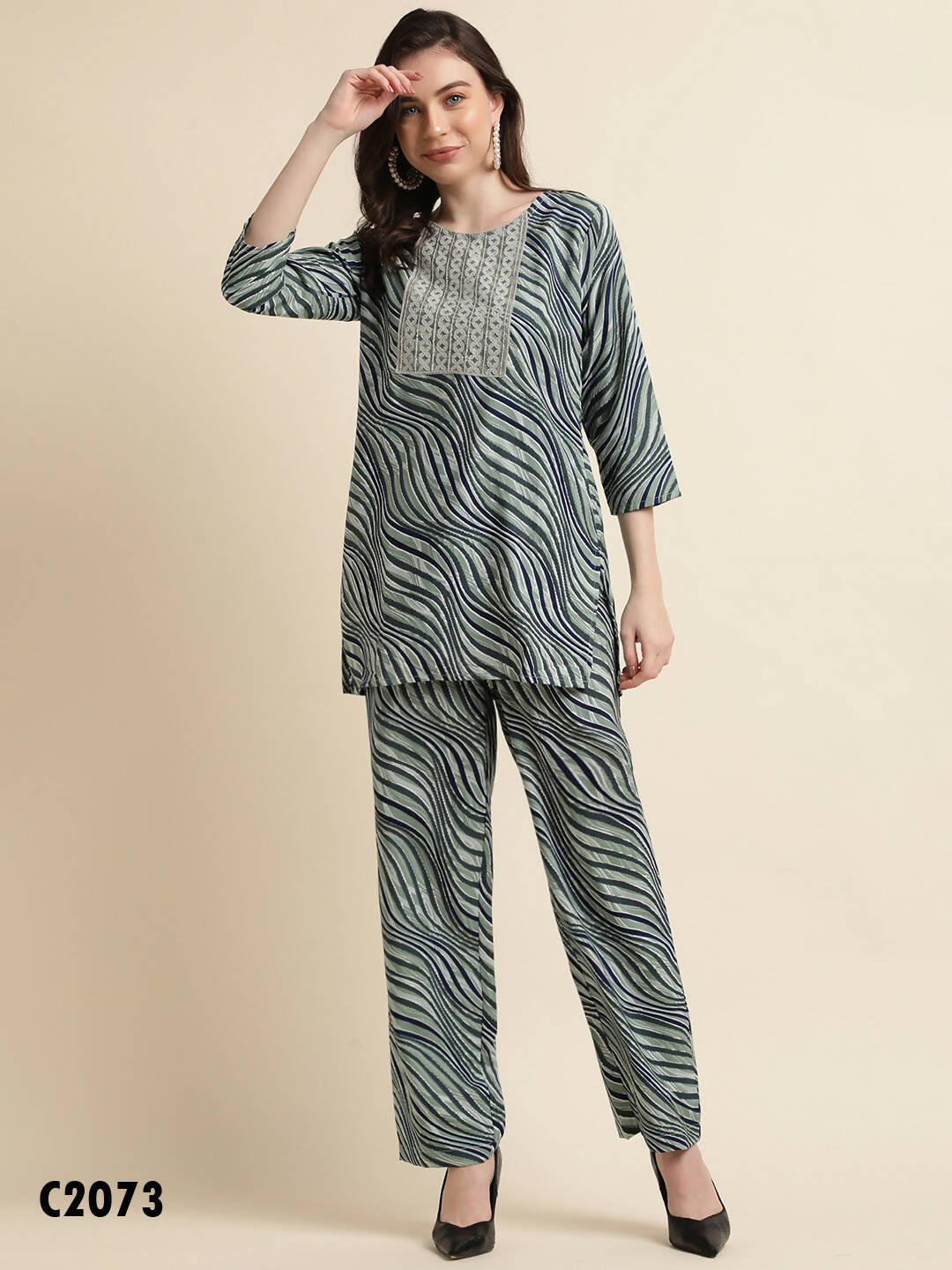 Green Poly Crepe Digital Printed Top with Matching Bottom - Preeti