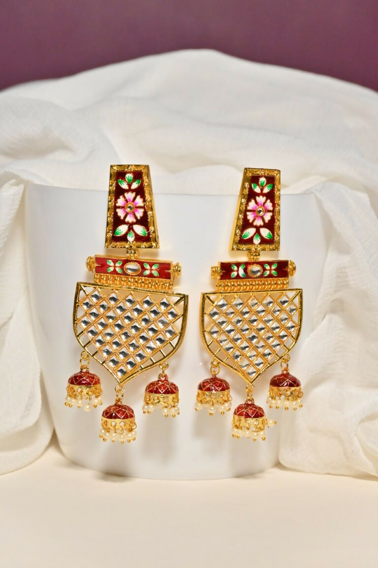 Maroon Traditional Gold-Polished Meenakari Jhumka Jhumki Earrings Indian Jewellery For Women Girls By House of Ree House of Ree