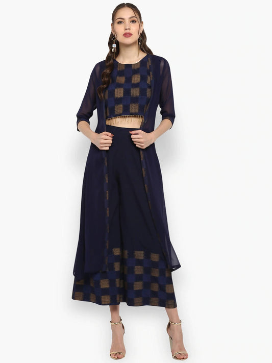 Janasya Women Navy Blue Printed Top with Palazzos