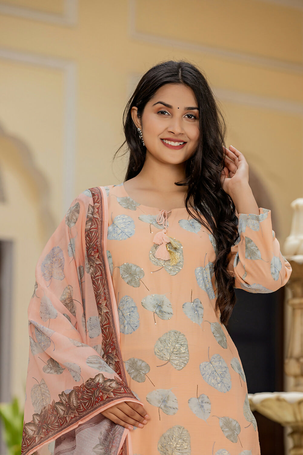 Kaajh Women's Peach Modal Silk Printed Kurta Pant Set With Dupatta