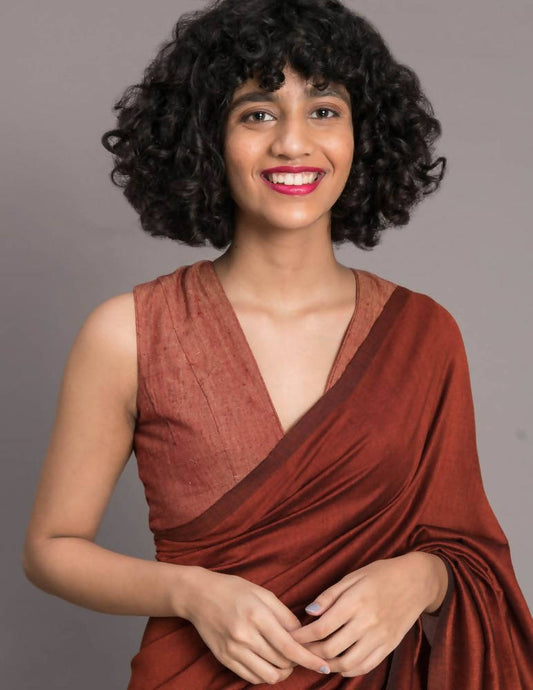 Suta Rust Brown Black Cotton Blend Colourblocked Saree - Grab2buy