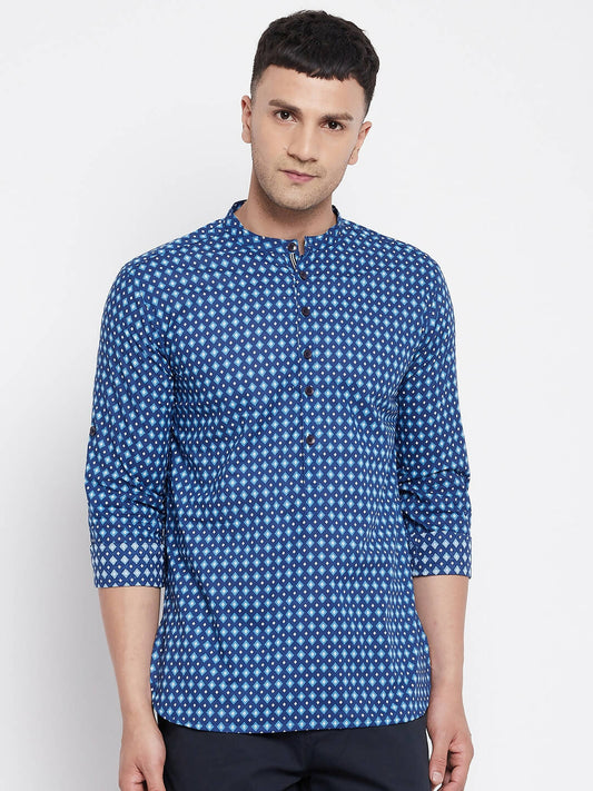 Even Apparels Blue Men's Pure Cotton Kurta With Band Collar 
