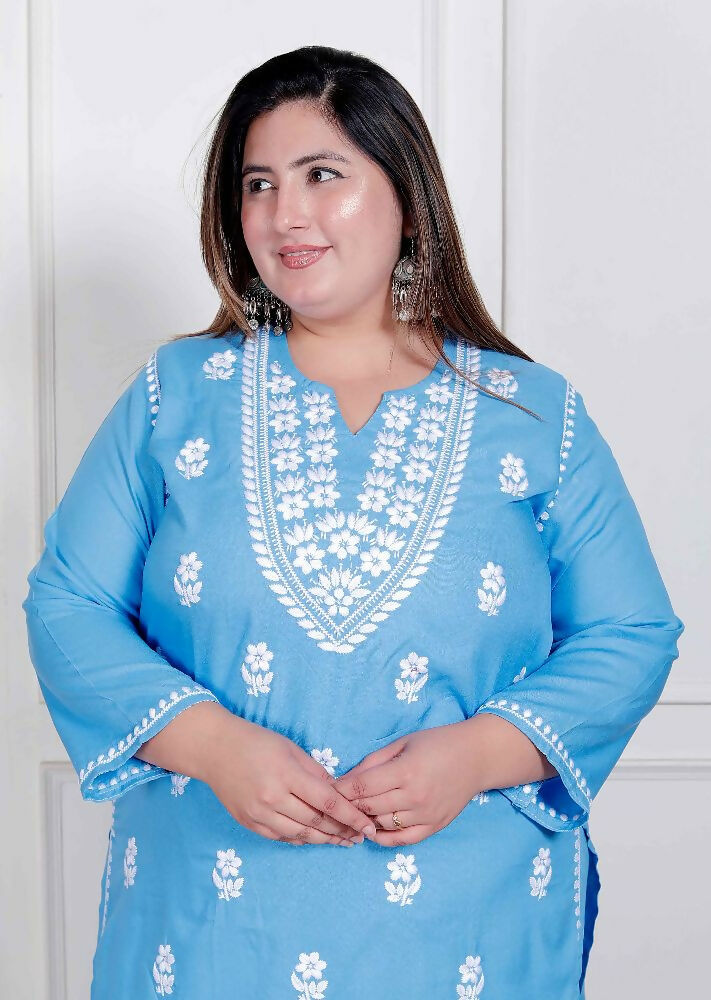Miravan Womens Plus Size Blue Embroidered Kurta With Palazzo