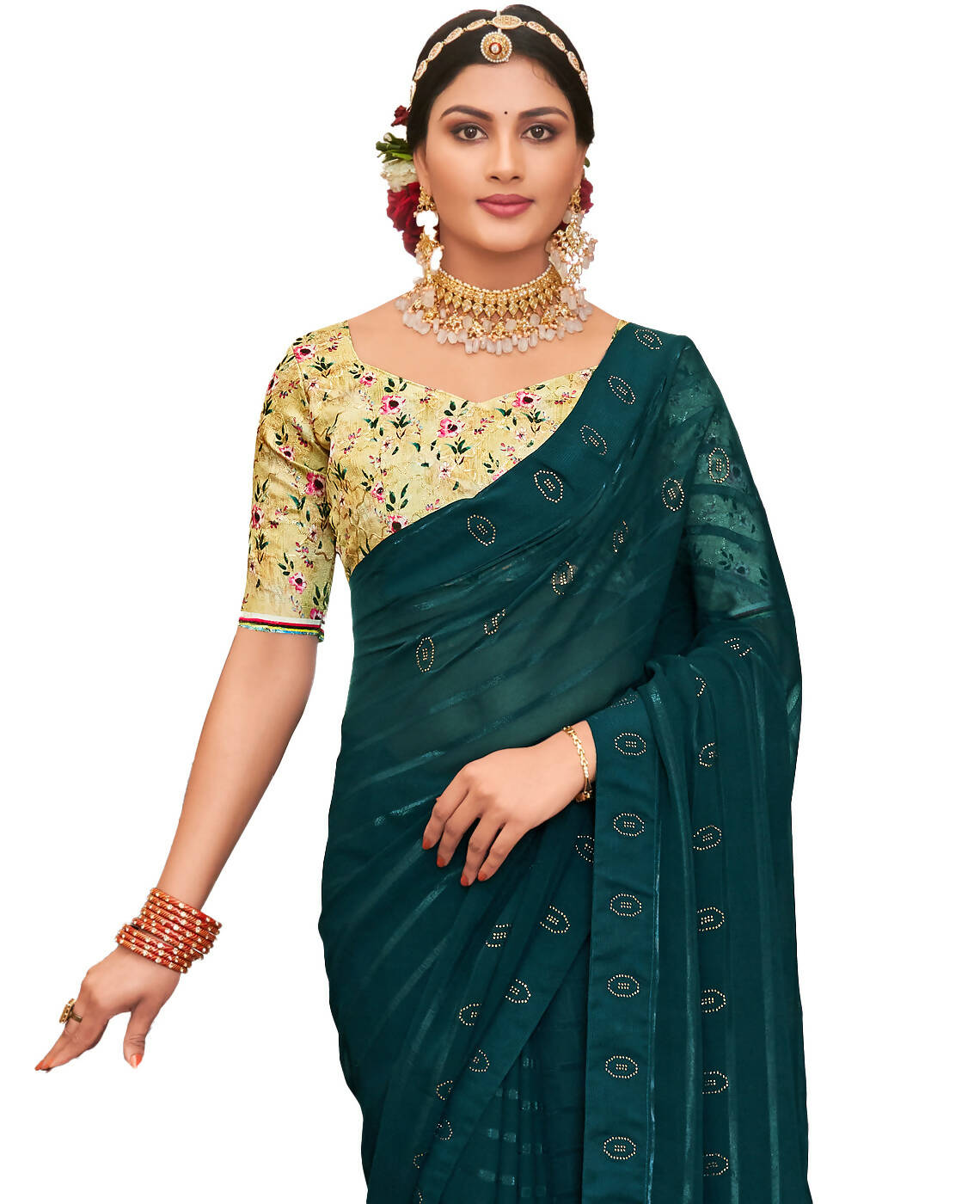 Teal Georgette Swaroski Work Saree With Unstitched Blouse Piece - Juhi